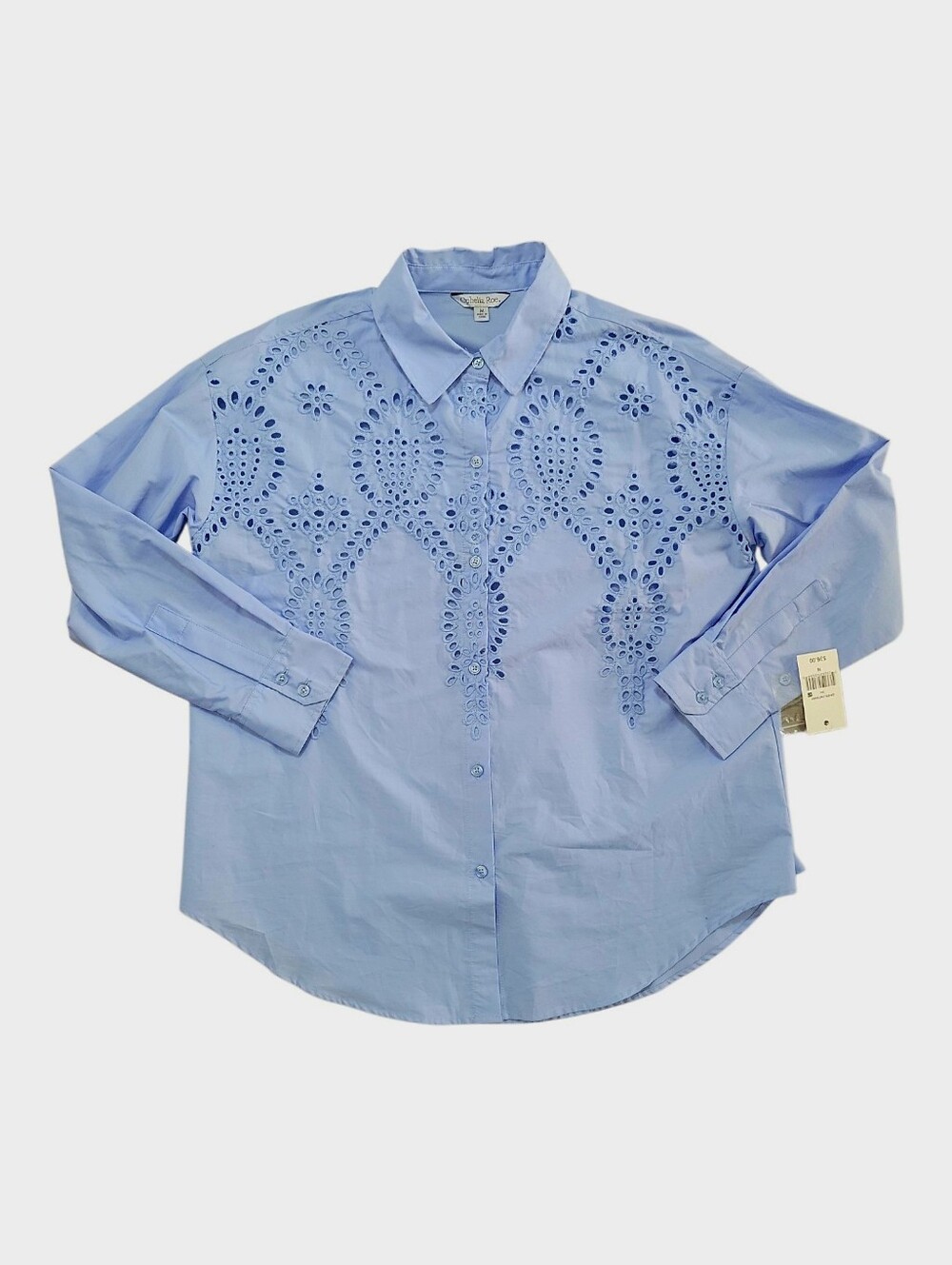 NWT Ophelia Roe Eyelet Button Down Shirt Long Sleeve 100% Cotton Blue Career MD